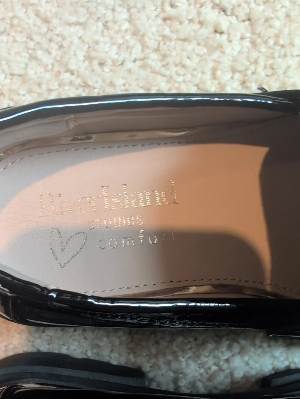 Kids River Island Black Patent Loafers with Satin Bow and Heart Charm Size 12